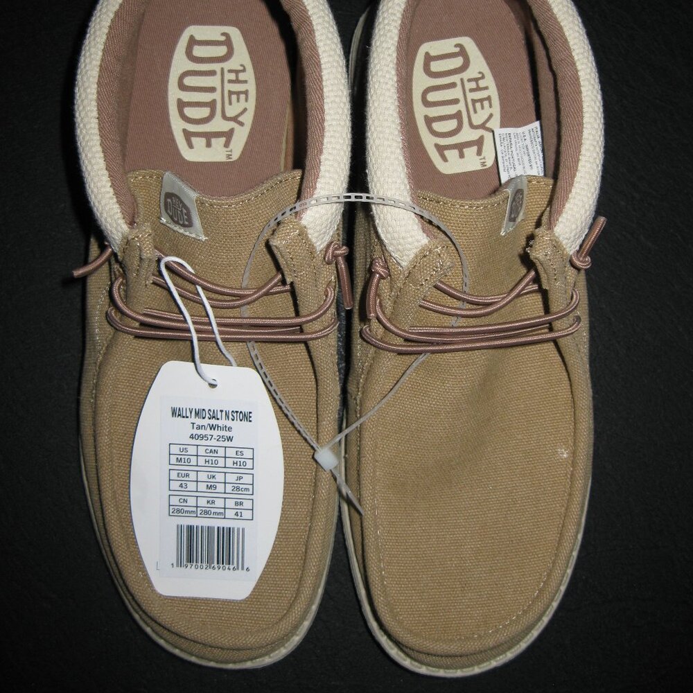 NWT Hey Dude Shoes Wally Mid Salt N Stone in Tan/White size 10 w/ 1/2 high top